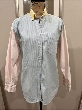 Andrew’s Blues Vintage Cotton Button-Up Shirt Pastel Yellow, Blue & Pink Stripe